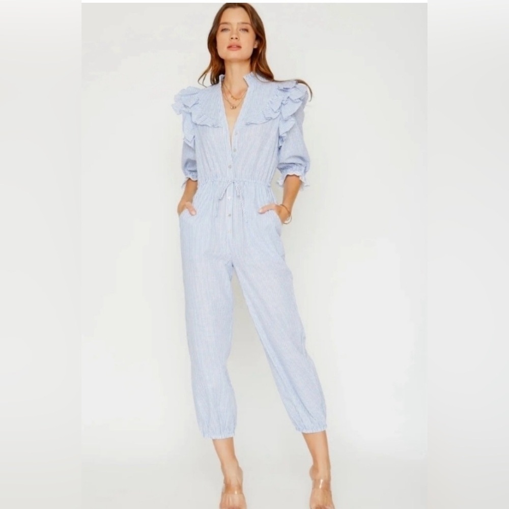 NWOT Caballero Casidy Pinstripe Ruffle Jumpsuit Size Small